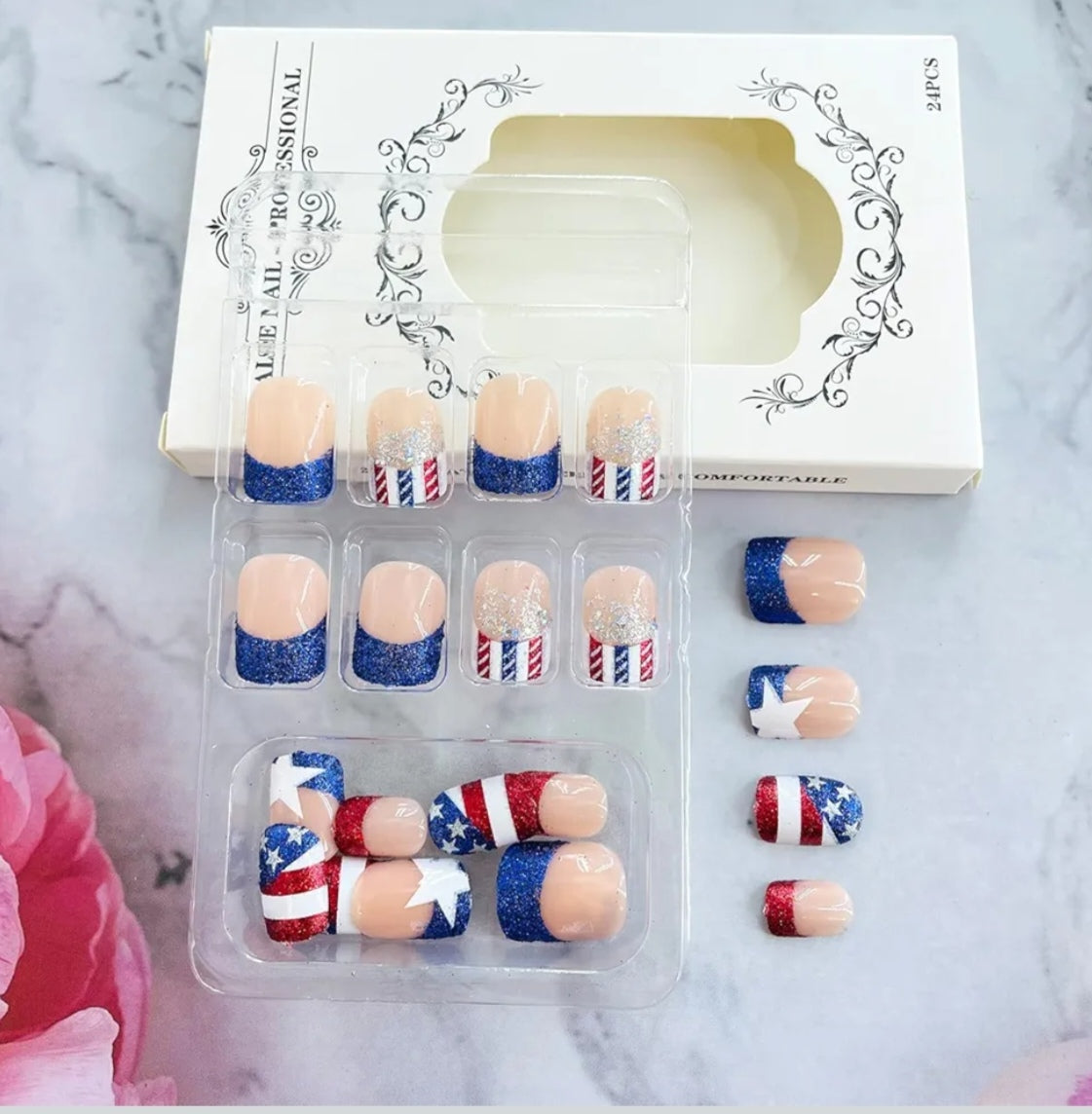 Chic Glitter Stripes Patriotic French Tip Press-On Nails Fake Artificial Nails 24 Pcs - Free Shipping