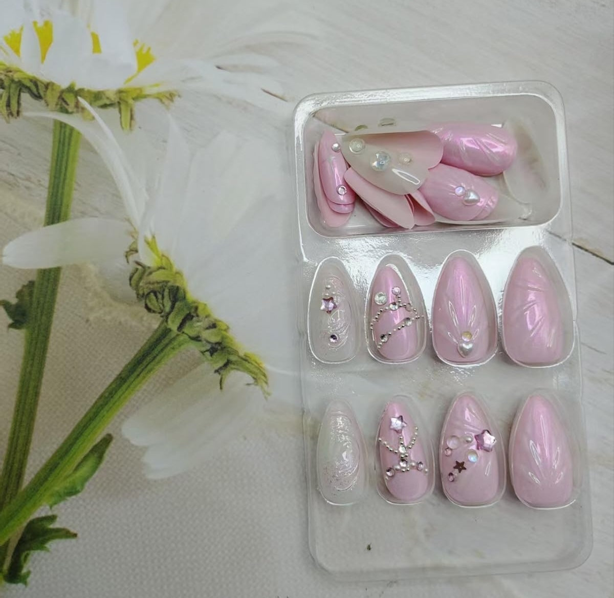 Glam Pink 3D Metallic Rhinestone Press-On Nails Fake Nails 24 Pcs – Free Shipping