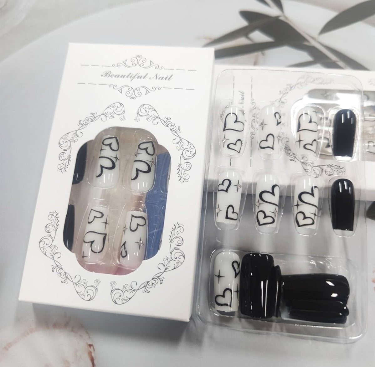 Chic Black White Heart Rhinestone Coffin Press-On Nails Acrylic False Nails-Free Shipping