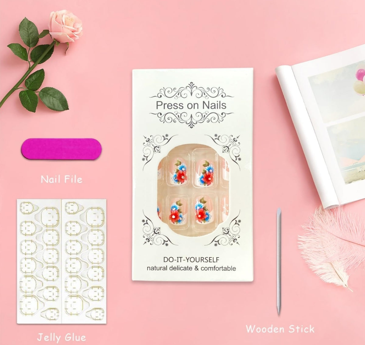 French Tip Blue Flower Press-On Nails Fake Artificial Nails 24 Pcs – Free Shipping