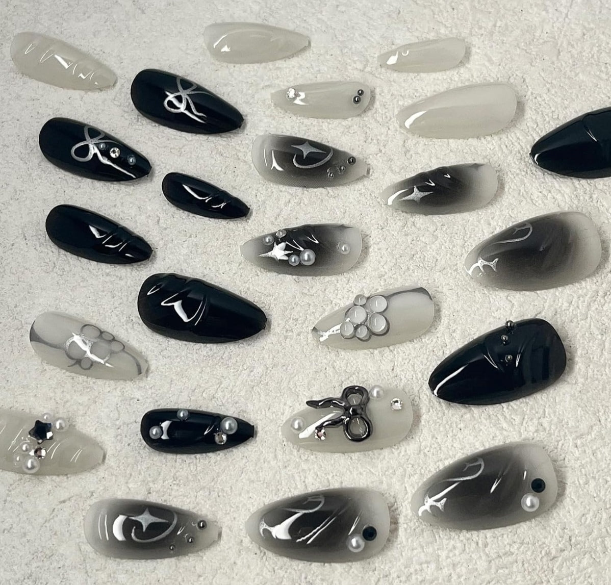 Elegant Black White 3D Pearl Rhinestone Almond Press-On Nails False Nails 24 Pcs – Free Shipping