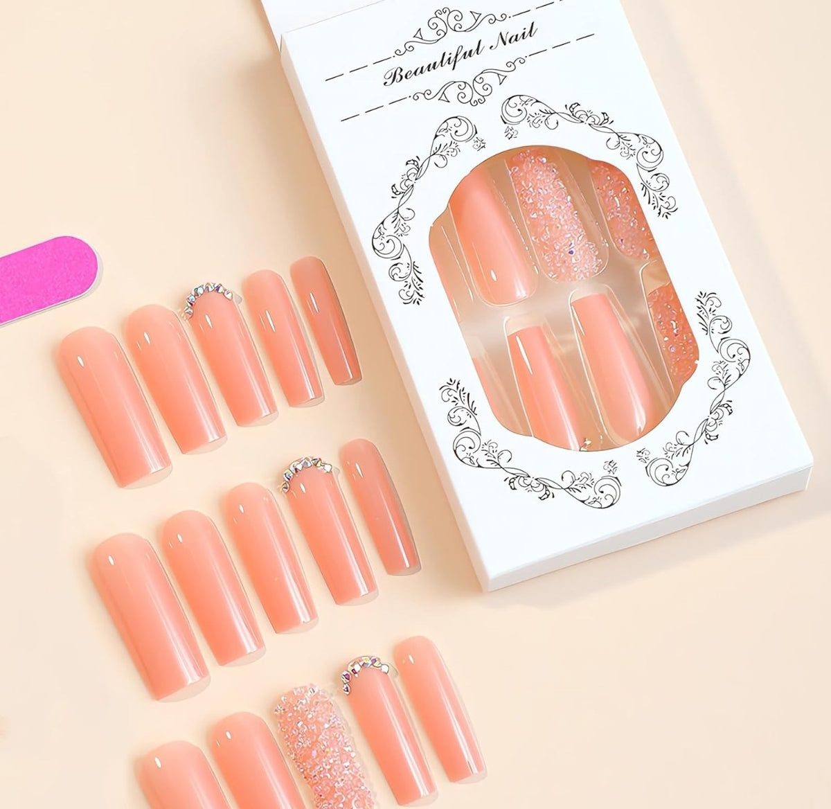 Glitter Nude Rhinestone Glam Long Coffin Press-On Nails Artificial Nails 24 Pcs - Free Shipping