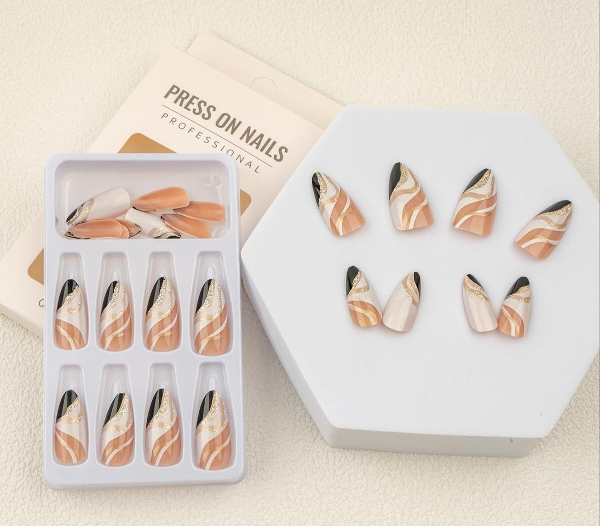 Glamorous Black Gold Abstract Almond Press-On Acrylic Fake Nails-Free Shipping