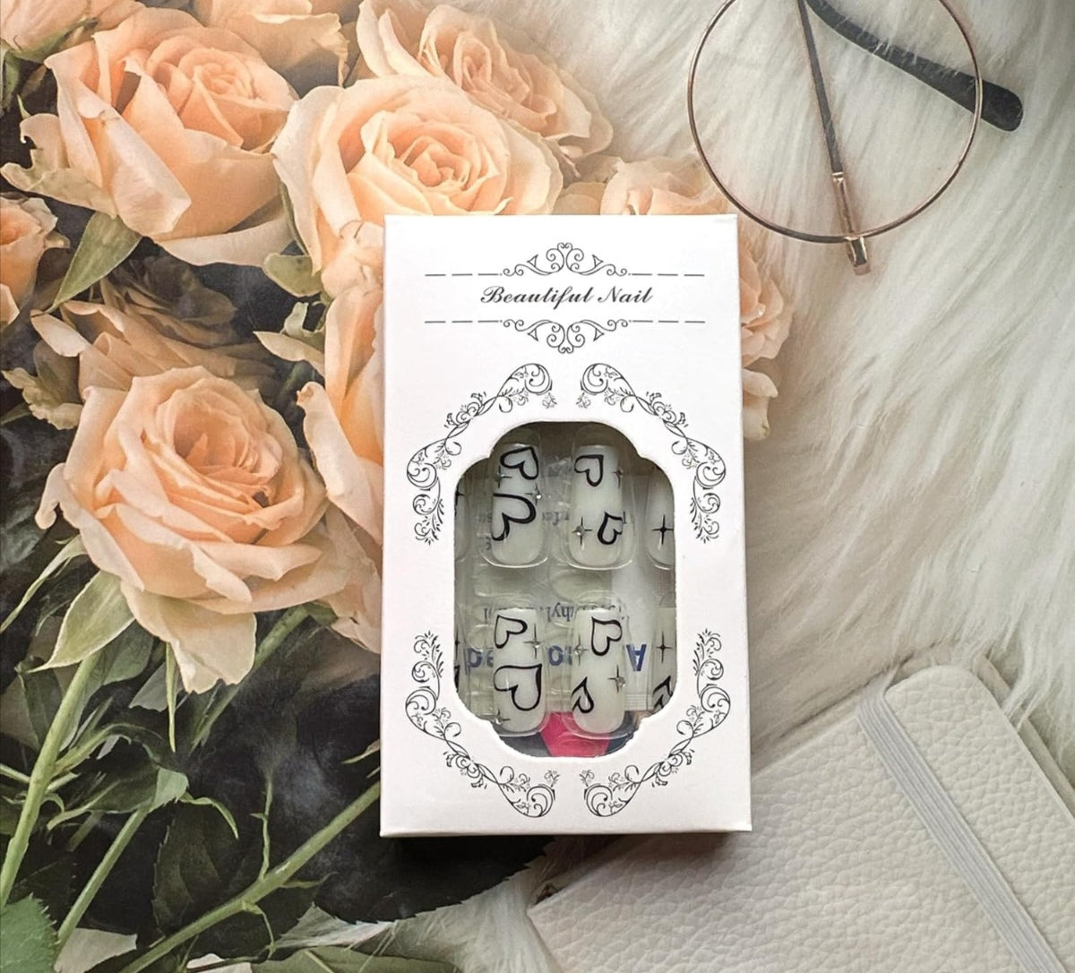 Chic Black White Heart Rhinestone Coffin Press-On Nails Acrylic False Nails-Free Shipping