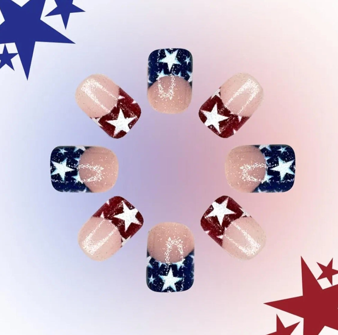 Chic French Glitter Tip Patriotic Stars Press-On Nails Fake Artificial Nails 24 Pcs – Free Shipping