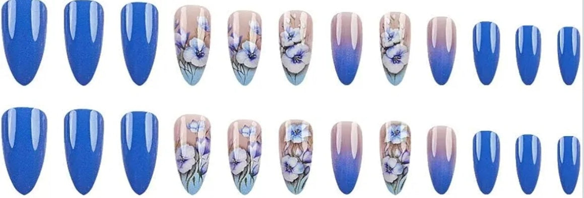 Elegant Blue Gradient Floral Art Press-On Nails Fake Artificial Nails 24 Pcs – Free Shipping