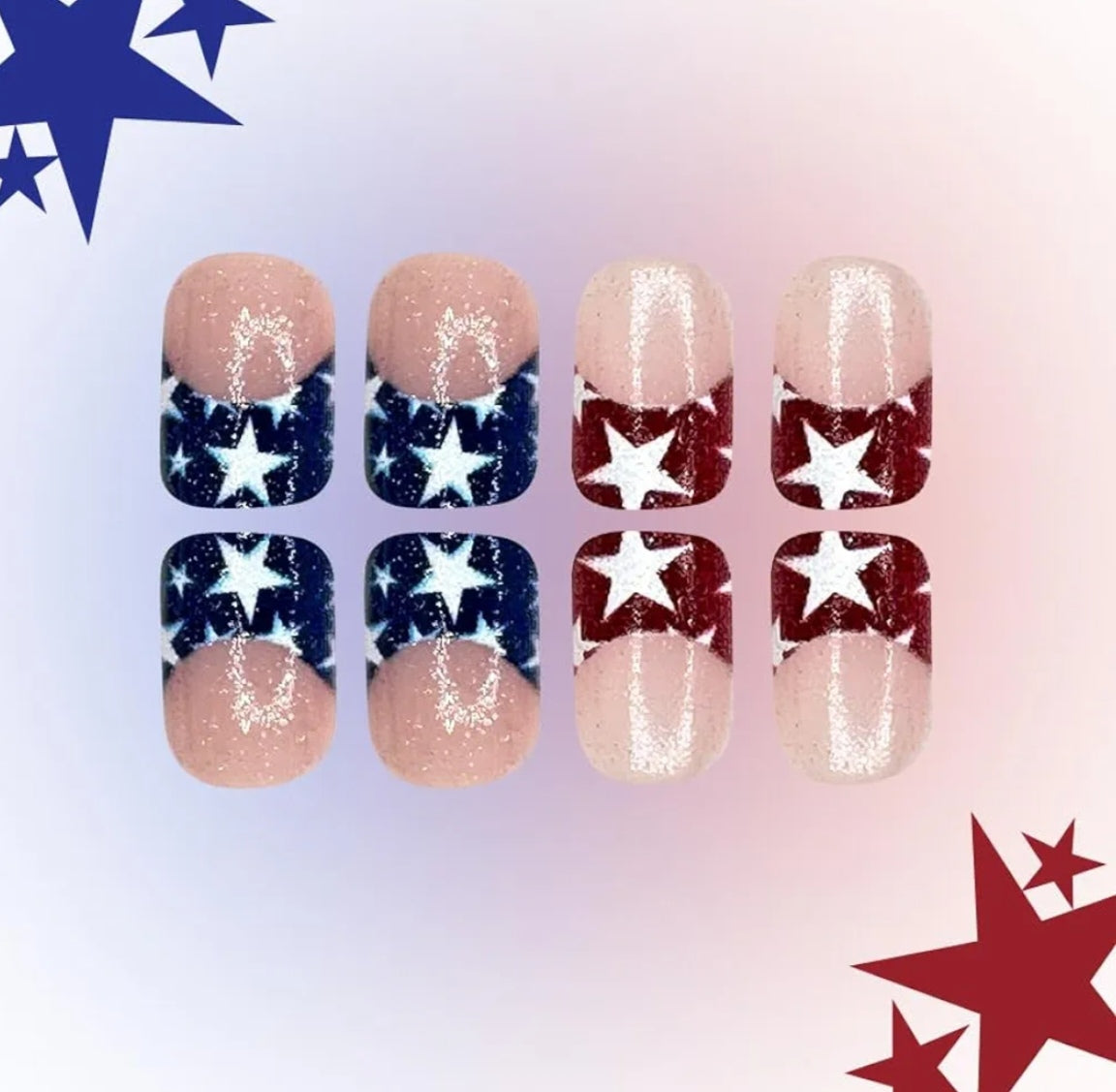 Chic French Glitter Tip Patriotic Stars Press-On Nails Fake Artificial Nails 24 Pcs – Free Shipping