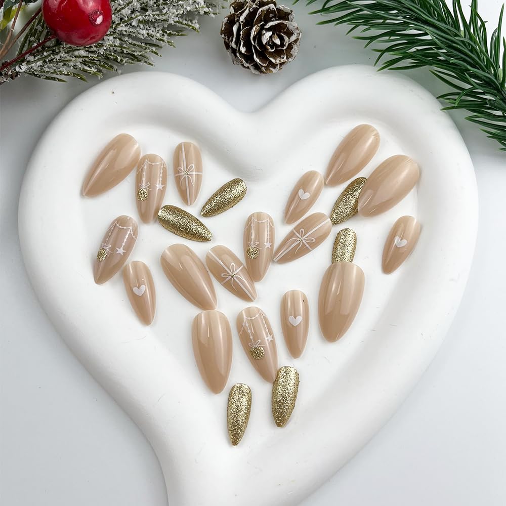 Elegant Christmas Bell Bow Glitter Almond Acrylic Press-On Nails False Nails-Free Shipping