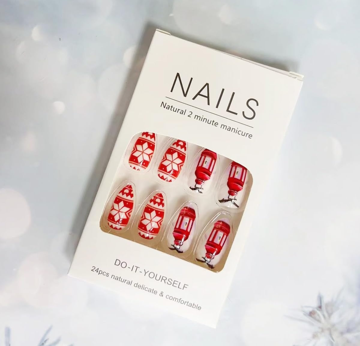 Holiday Red White Snowflake Glove Candle Light Christmas Press-On Nails Acrylic False Nails-Free Shipping