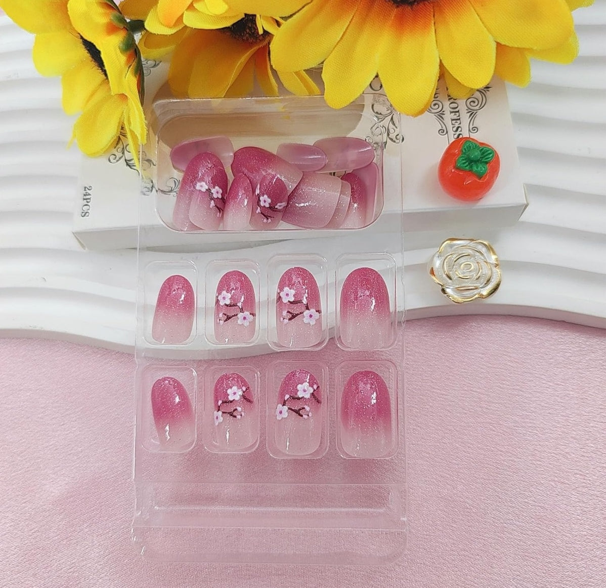 Pink Glitter Spring Cherry Blossom Press-On Nails Fake Artificial Nails 24 Pcs-Free Shipping