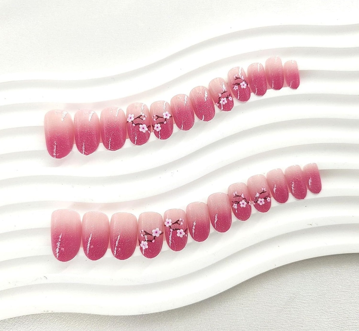 Pink Glitter Spring Cherry Blossom Press-On Nails Fake Artificial Nails 24 Pcs-Free Shipping