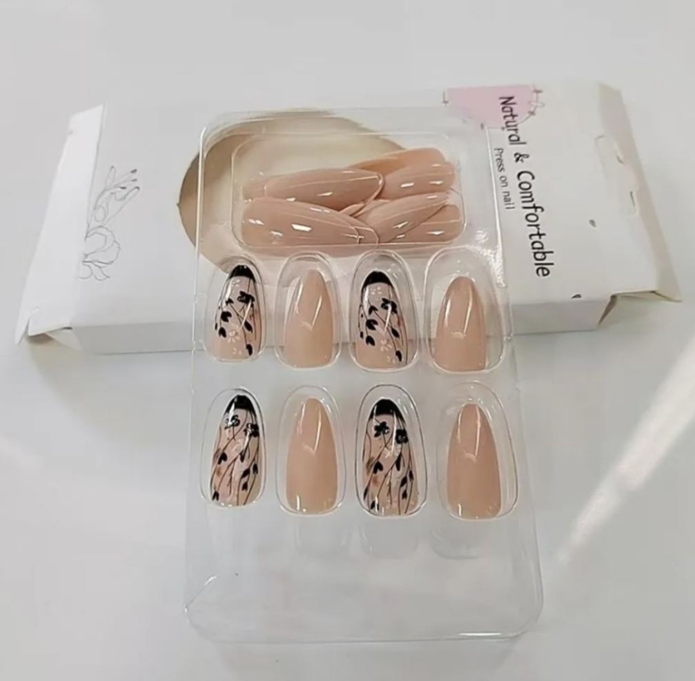 Elegant Nude Black Floral Press-On Nails Fake Artificial Nails 24 Pcs – Free Shipping