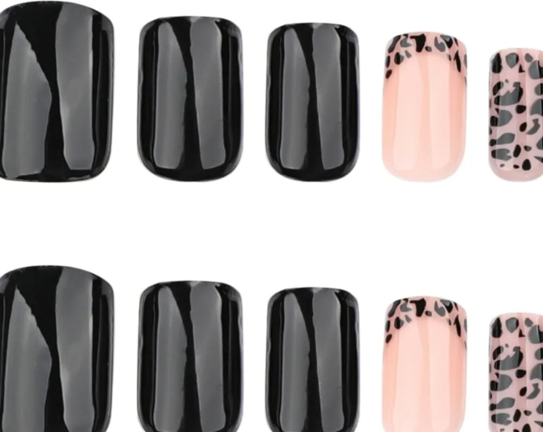 Black French Tip Leopard Print Press-On Nails Fake Artificial Nails 24 Pcs – Free Shipping