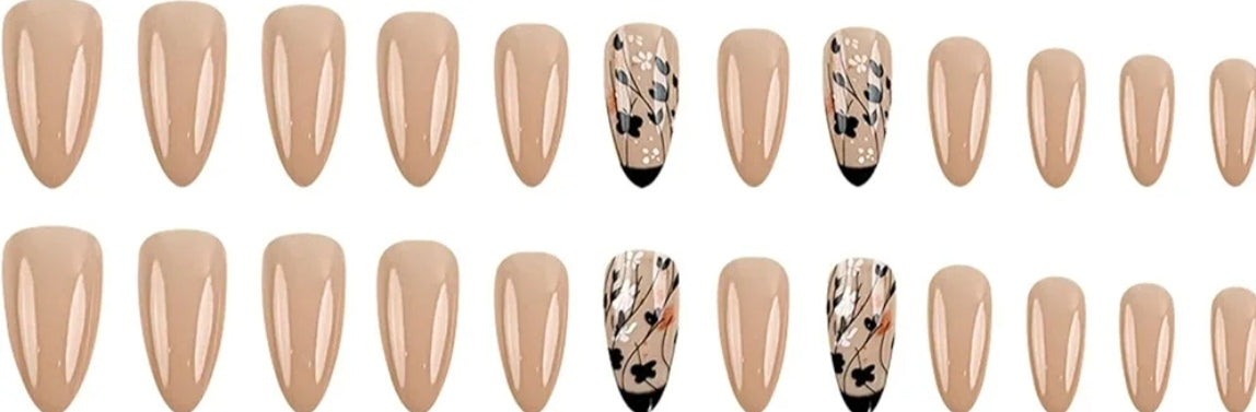 Elegant Nude Black Floral Press-On Nails Fake Artificial Nails 24 Pcs – Free Shipping
