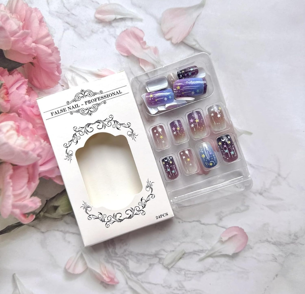 Glitter Star Moon Ombre Press-On Nails Fake Artificial Nails 24 Pcs – Free Shipping