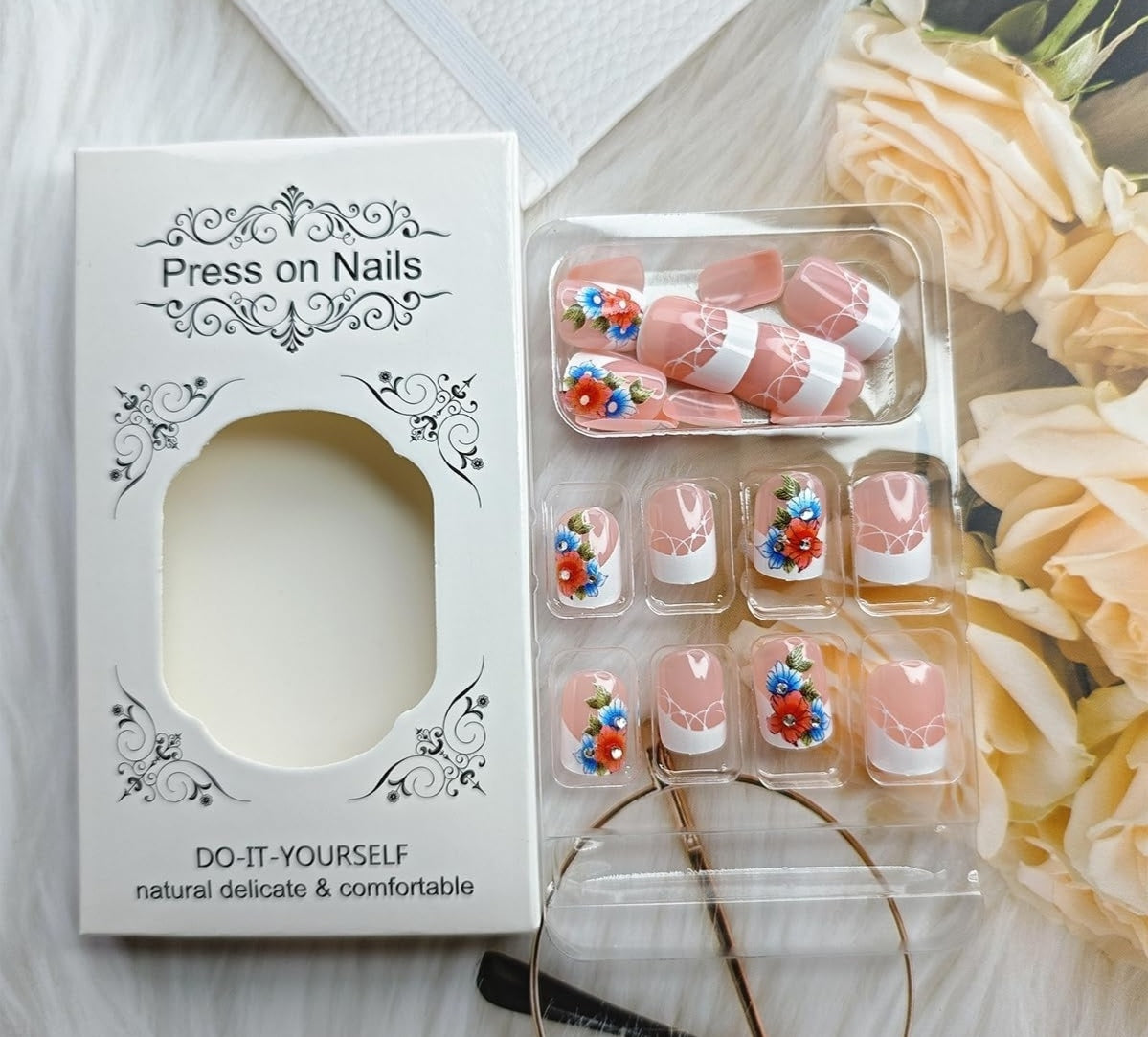 French Tip Blue Flower Press-On Nails Fake Artificial Nails 24 Pcs – Free Shipping