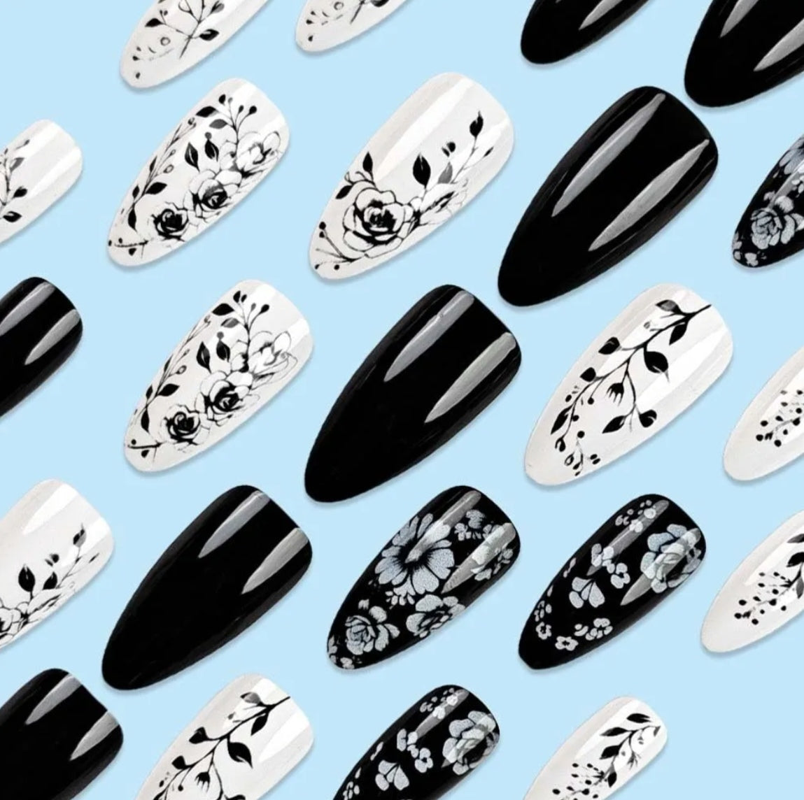 Chic Black White Floral Press-On Nails Fake Artificial Nails 24 Pcs – Free Shipping