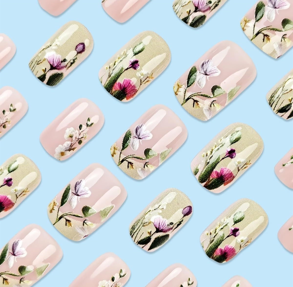 Stunning Hand-Painted Spring 3D Floral Press-On Nails Fake Artificial Nails 24 Pcs – Free Shipping