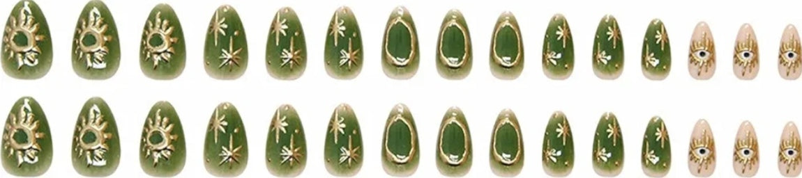 Stylish Celestial Radiant Green Design Press-On Fake Artificial Nails 24 Pcs – Free Shipping