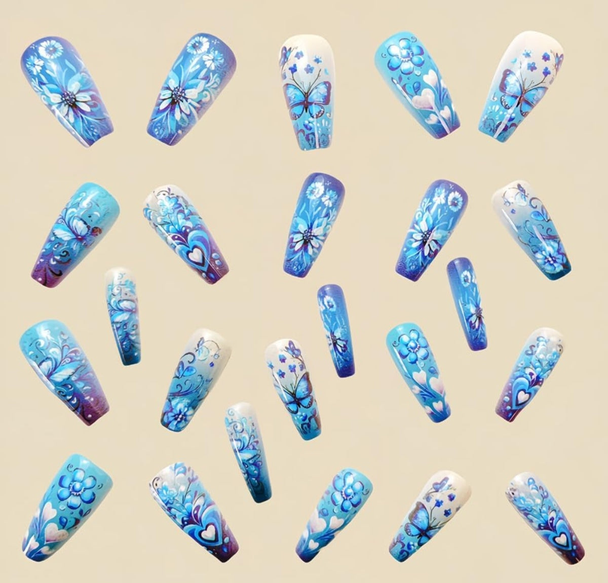 Stylish Blue Floral Butterfly Hearts Press-On Nails Artificial Nails 24 Pcs - Free Shipping