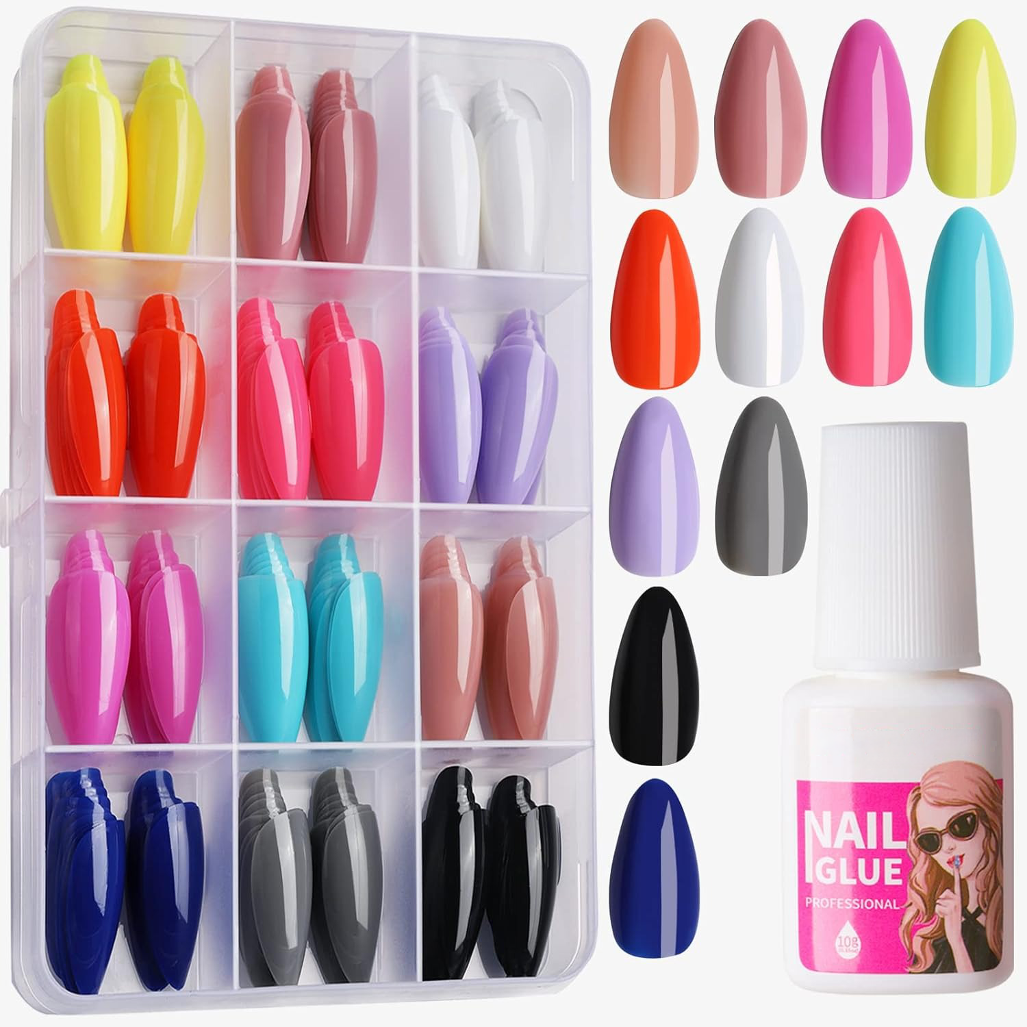 288pcs Almond Glossy Acrylic Glue-On Nails Kit with 12 Colors and Nail Glue – Free Shipping