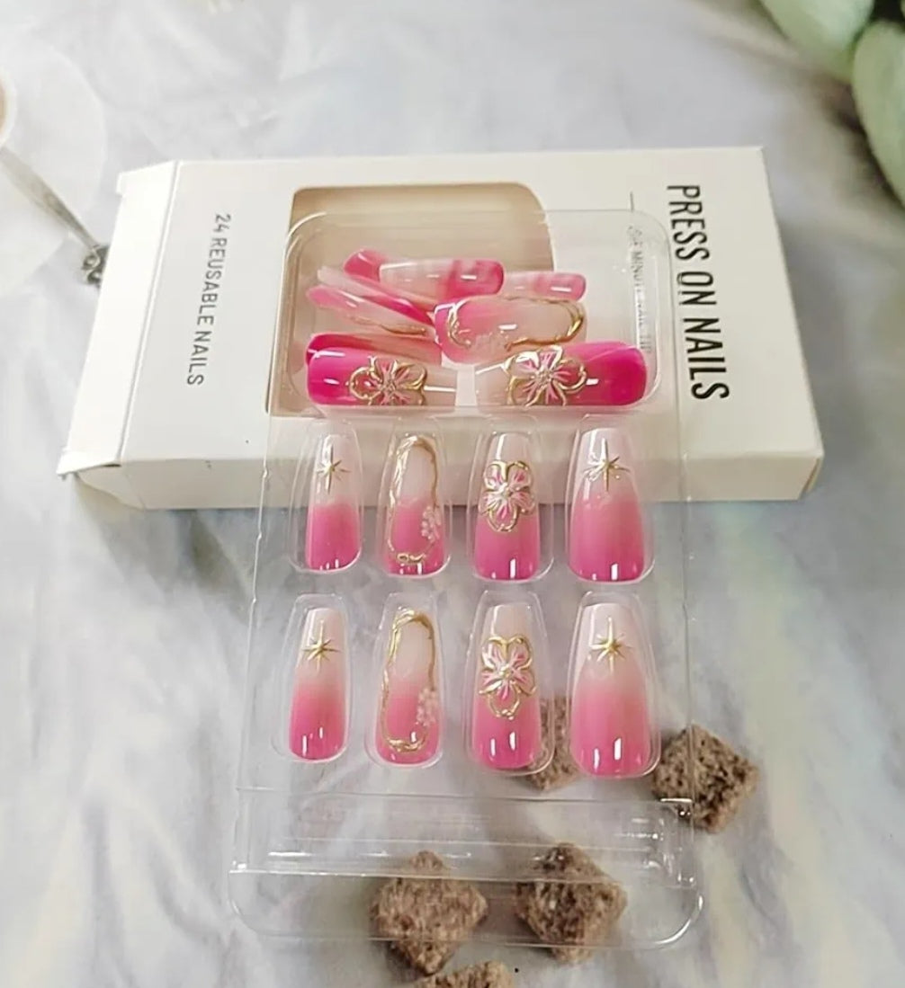 Stylish Pink Gold Butterfly Floral Nails Press-On Nails Fake Artificial Nails 24 Pcs-Free Shipping