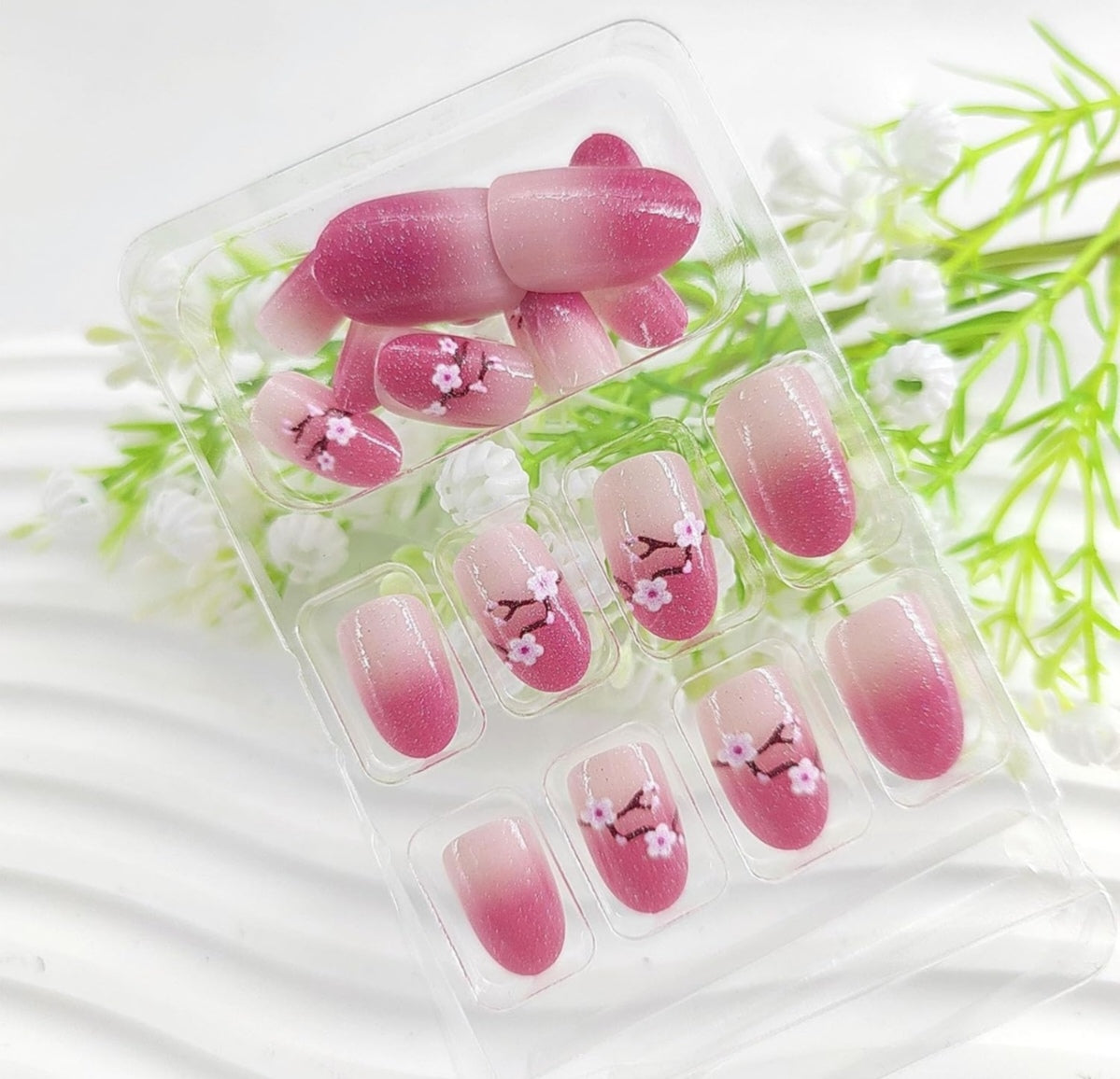Pink Glitter Spring Cherry Blossom Press-On Nails Fake Artificial Nails 24 Pcs-Free Shipping