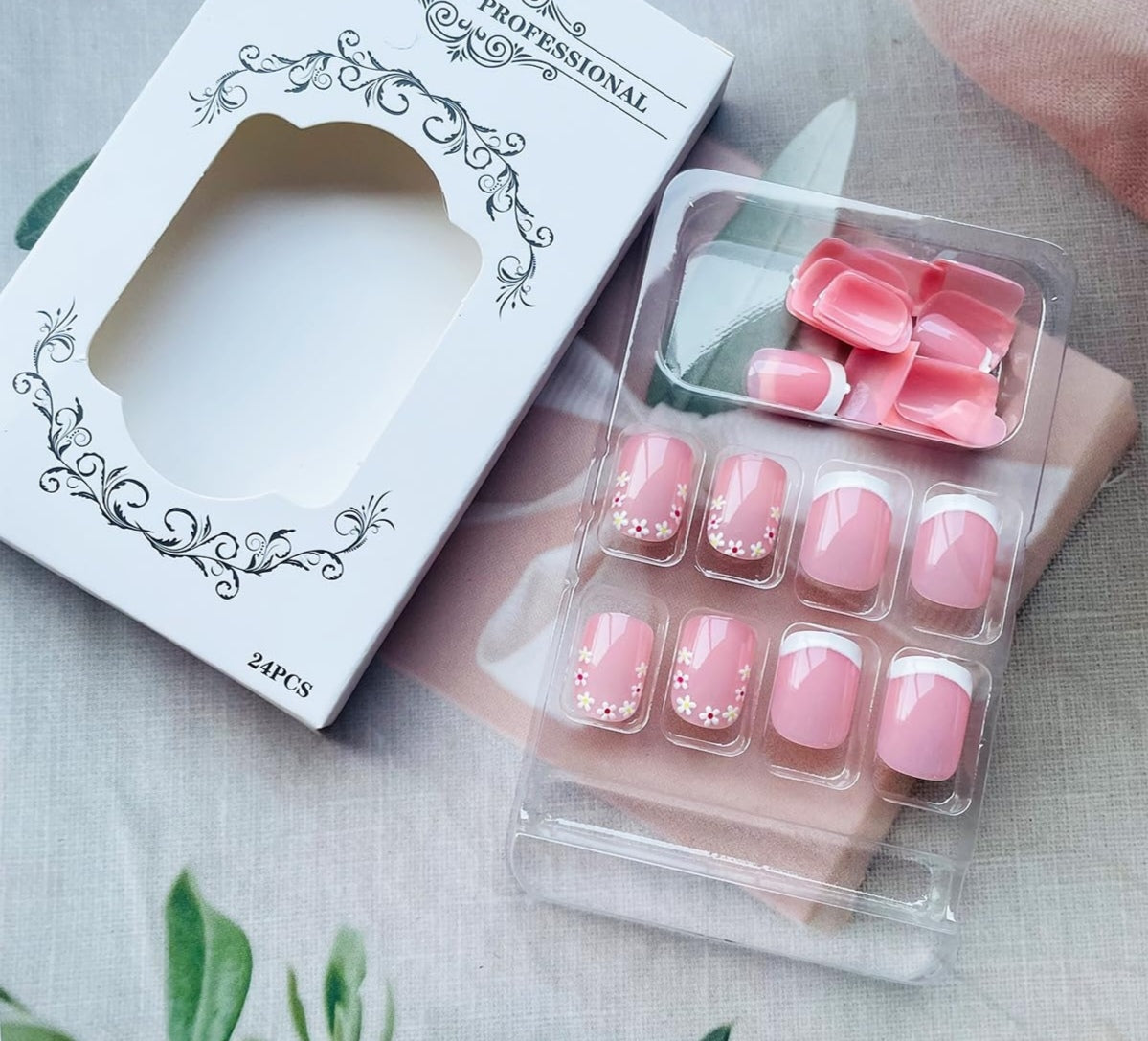 Chic Spring French Floral Short Press-On Nails Fake Artificial Nails 24 Pcs-Free Shipping