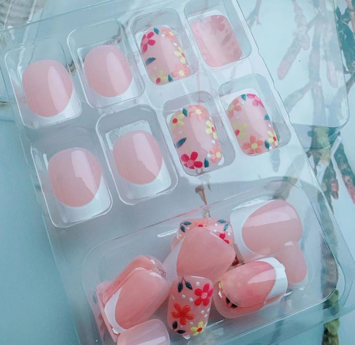 Stylish Spring Flower French Tip Press-On Nails Fake Artificial Nails 24 Pcs-Free Shipping