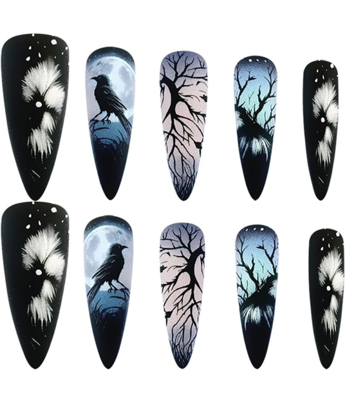 Black Gothic Raven Moon Press-On Nails Fake Nails 24 Pcs-Free Shipping
