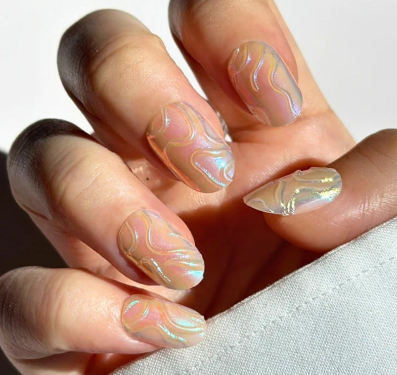 Elegant Pink Marble Swirl Glossy Almond Press-On Nails False Nails 30 Pcs - Free Shipping