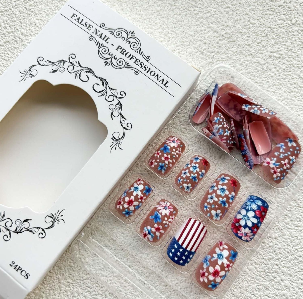 Red Blue Floral American Flag Design Press-On Nails Fake Artificial Nails 24 Pcs – Free Shipping