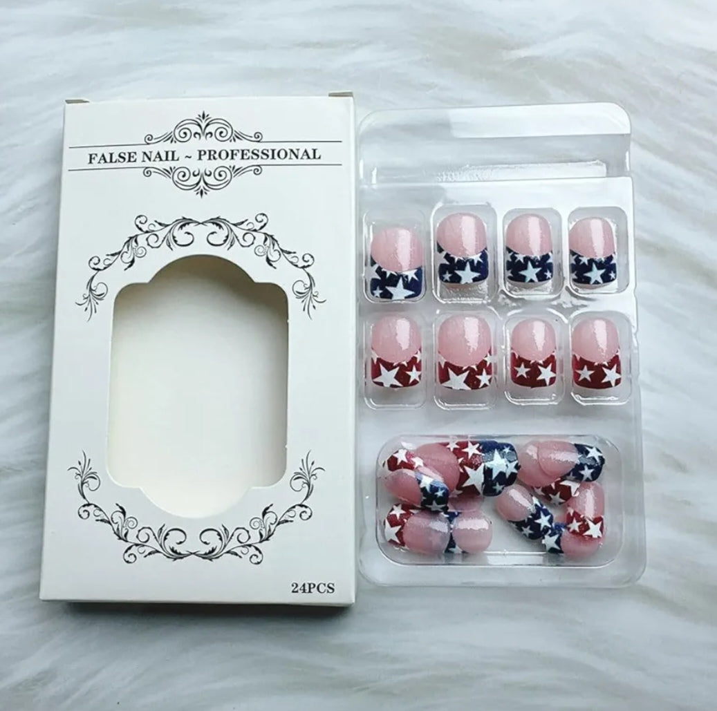 Chic French Glitter Tip Patriotic Stars Press-On Nails Fake Artificial Nails 24 Pcs – Free Shipping