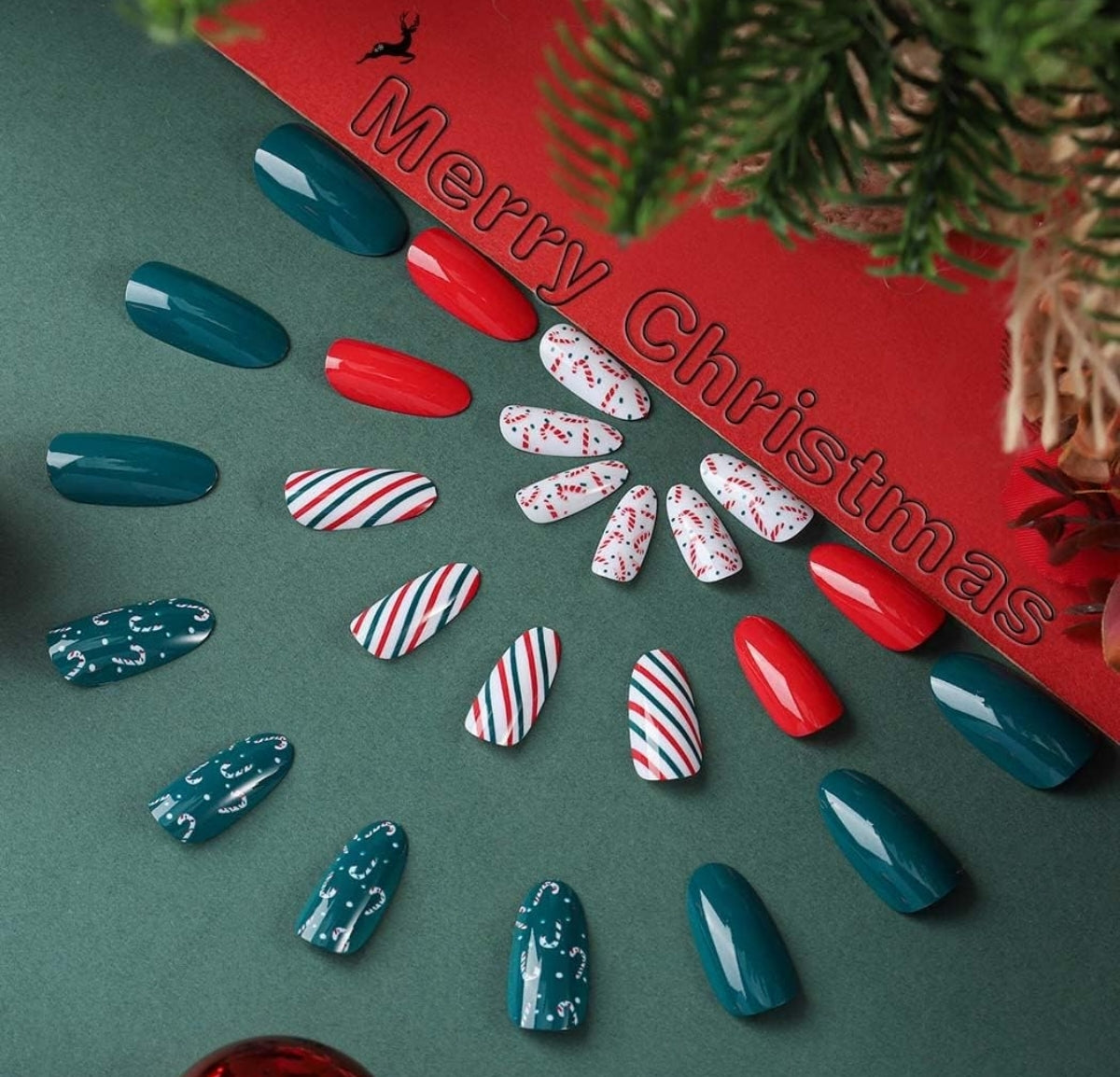 Colorful Candy Cane Stripes Christmas Press-On Nails Acrylic False Nails-Free Shipping