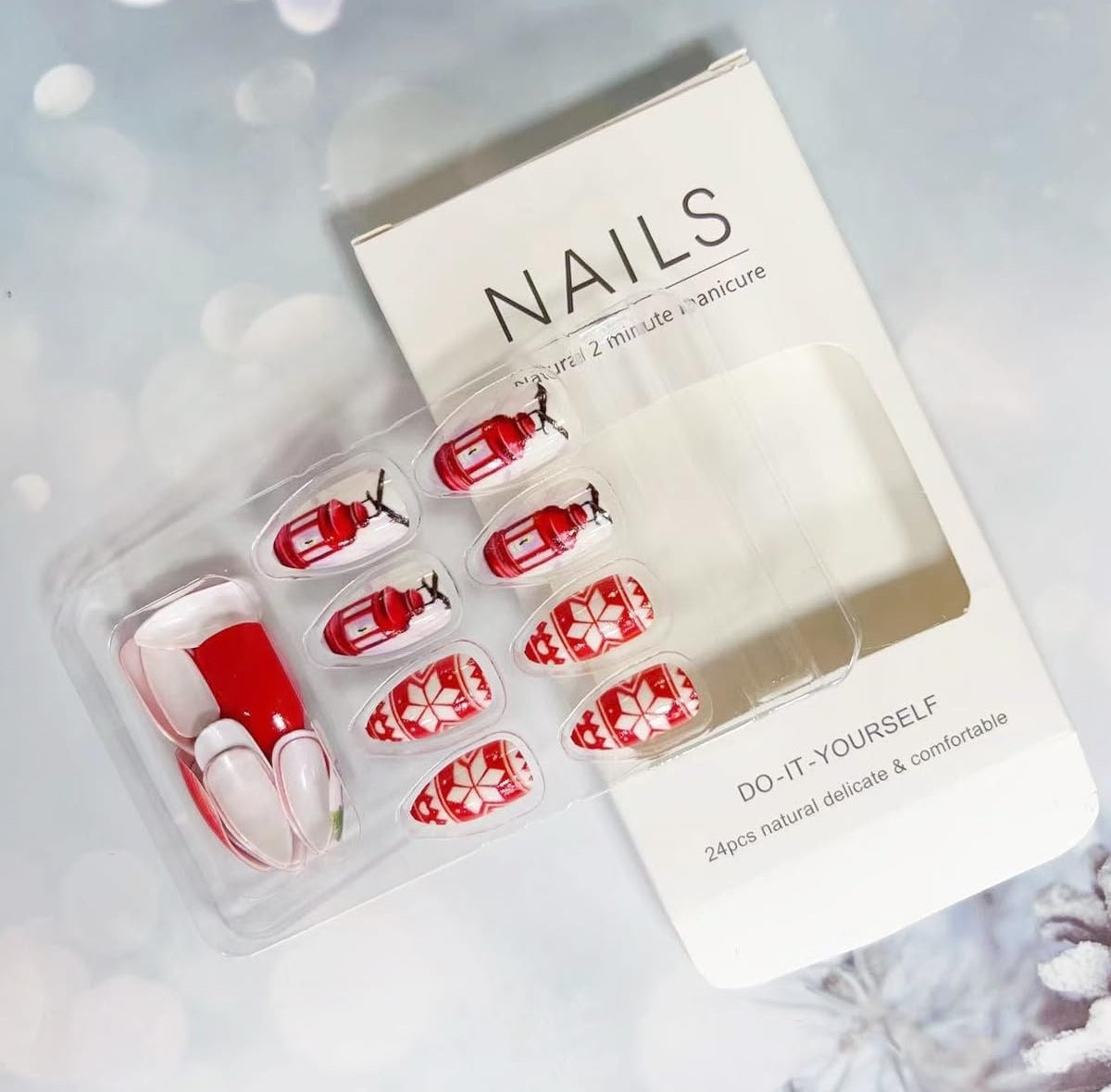 Holiday Red White Snowflake Glove Candle Light Christmas Press-On Nails Acrylic False Nails-Free Shipping
