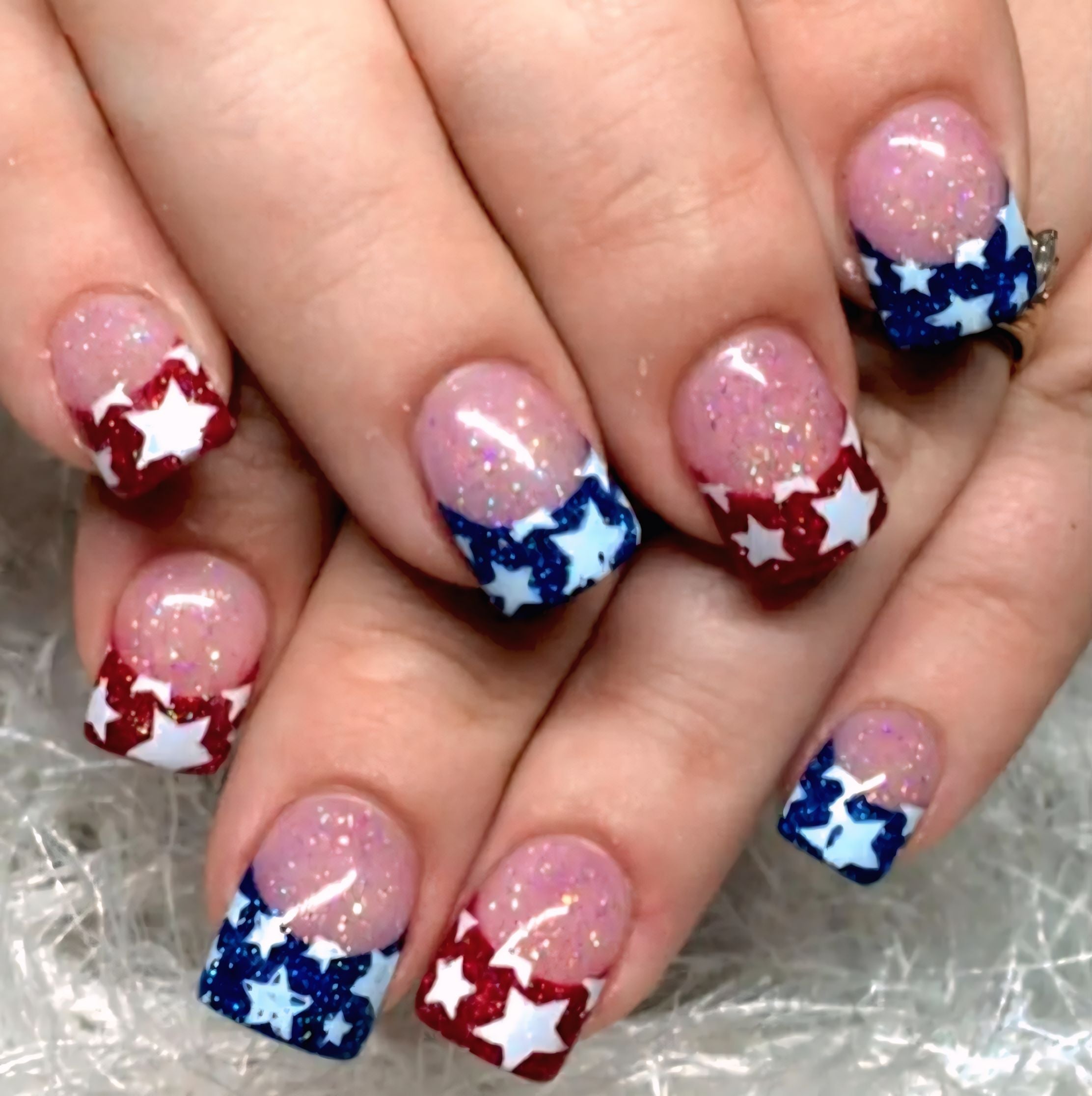 Chic French Glitter Tip Patriotic Stars Press-On Nails Fake Artificial Nails 24 Pcs – Free Shipping
