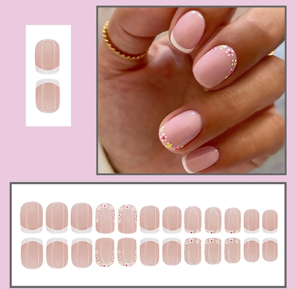 Chic Spring French Floral Short Press-On Nails Fake Artificial Nails 24 Pcs-Free Shipping