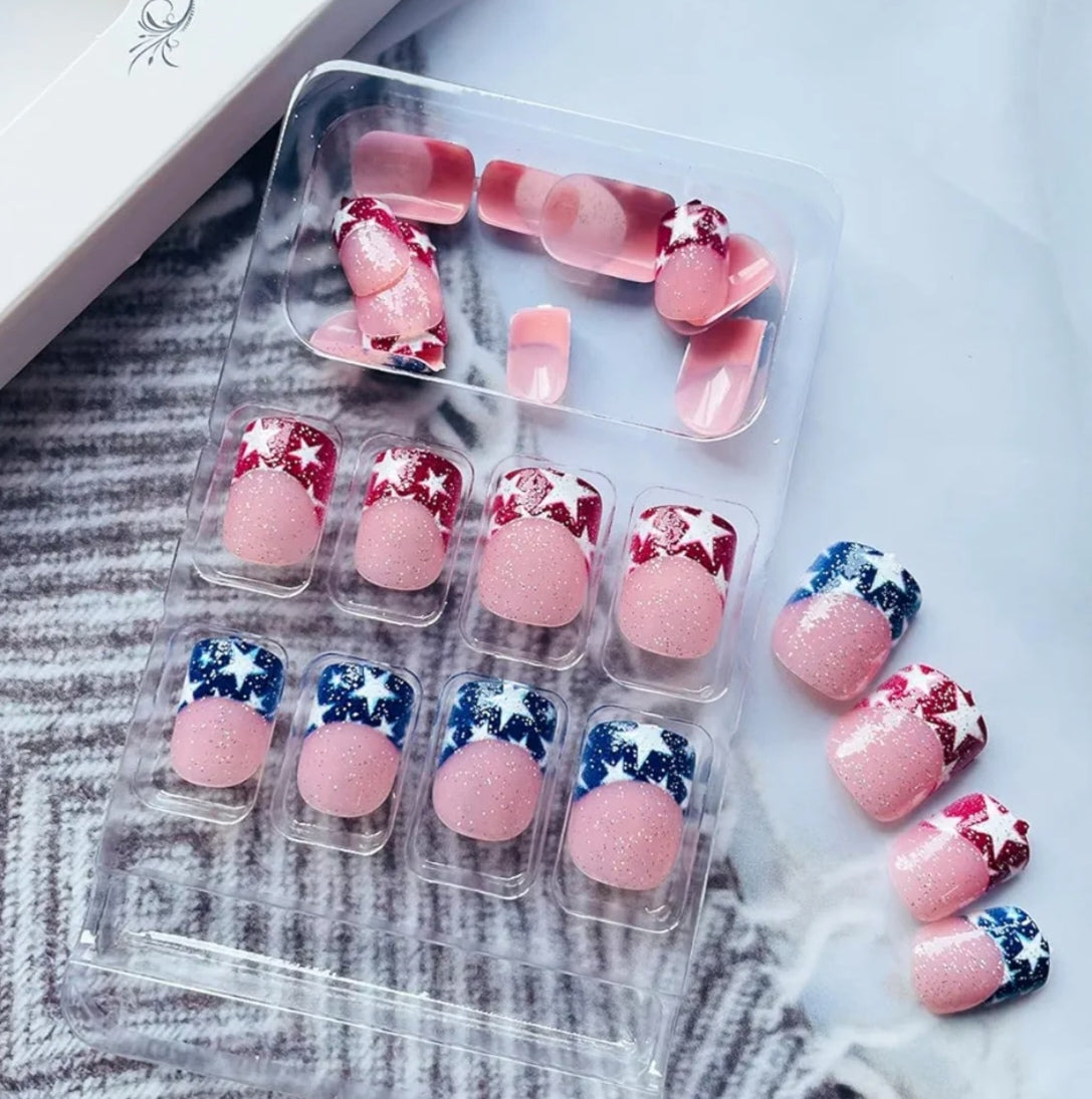 Chic French Glitter Tip Patriotic Stars Press-On Nails Fake Artificial Nails 24 Pcs – Free Shipping