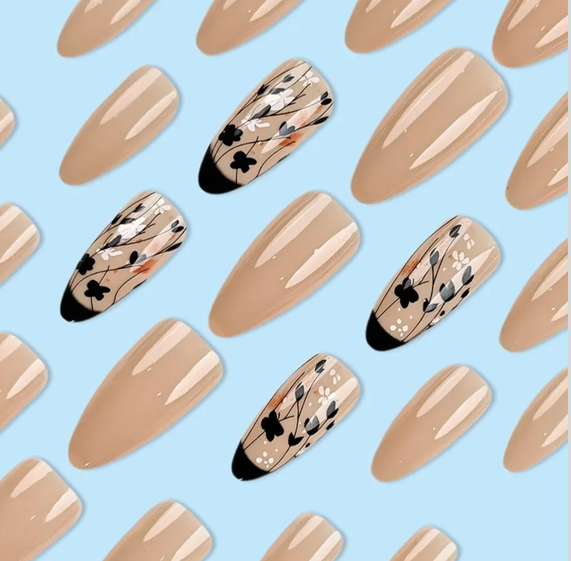 Elegant Nude Black Floral Press-On Nails Fake Artificial Nails 24 Pcs – Free Shipping