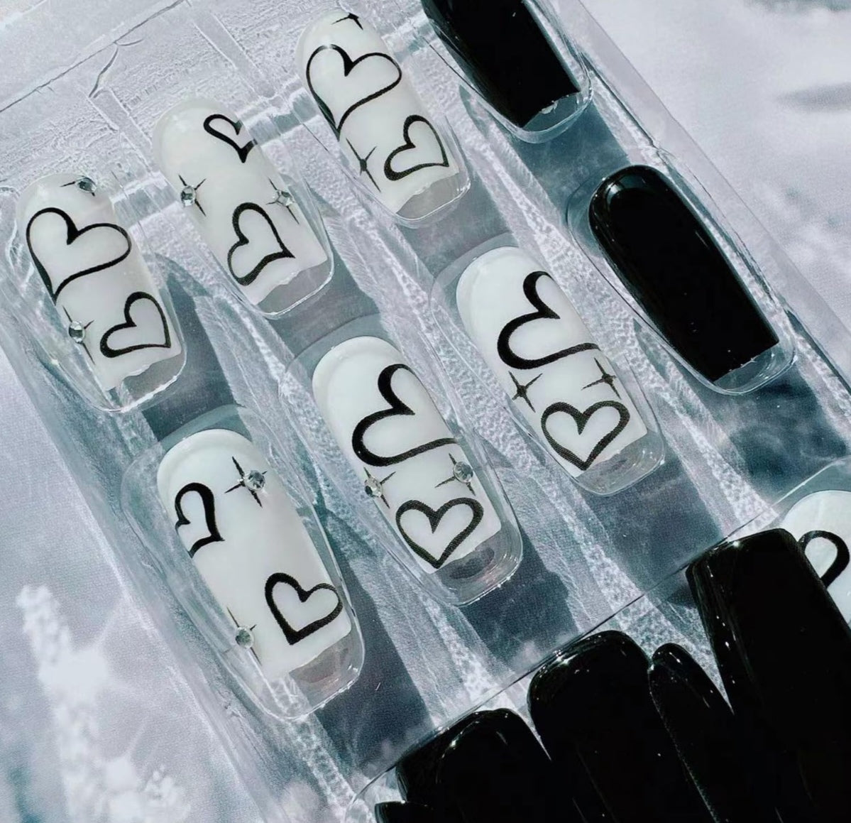 Chic Black White Heart Rhinestone Coffin Press-On Nails Acrylic False Nails-Free Shipping