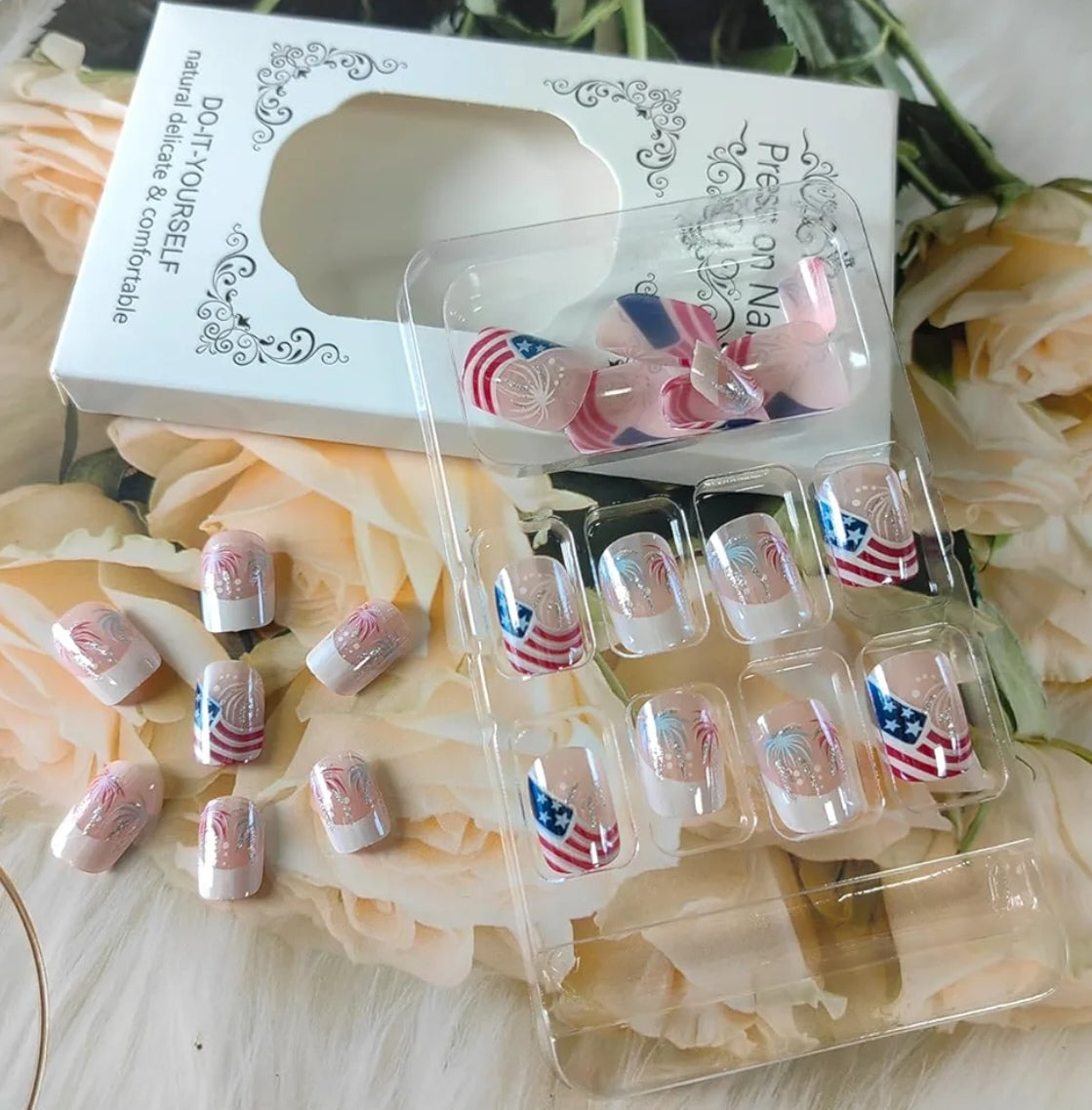 Chic Patriotic Fireworks American Flag French Tip Press-On Nails Fake Artificial Nails 24 Pcs-Free Shipping