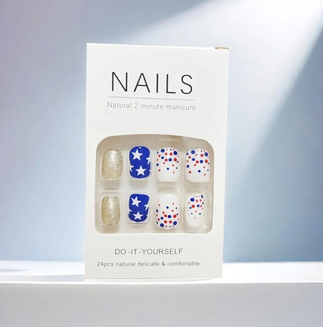 Chic Patriotic Stars Dots Glitter Press-On Nails Fake Artificial Nails 24 Pcs - Free Shipping