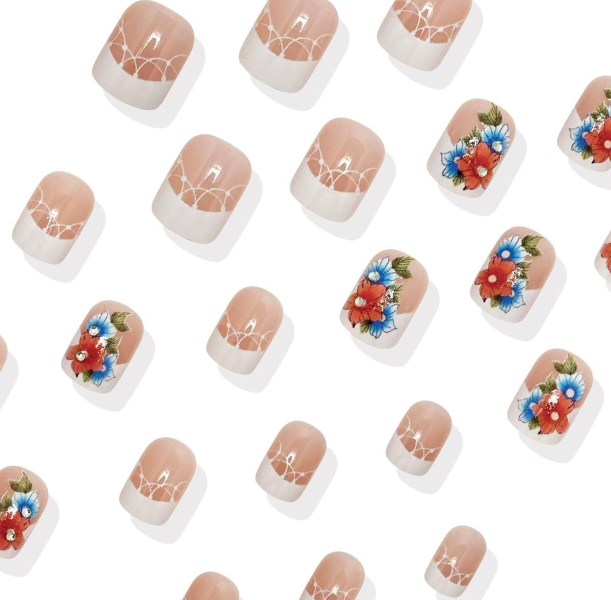 French Tip Blue Flower Press-On Nails Fake Artificial Nails 24 Pcs – Free Shipping