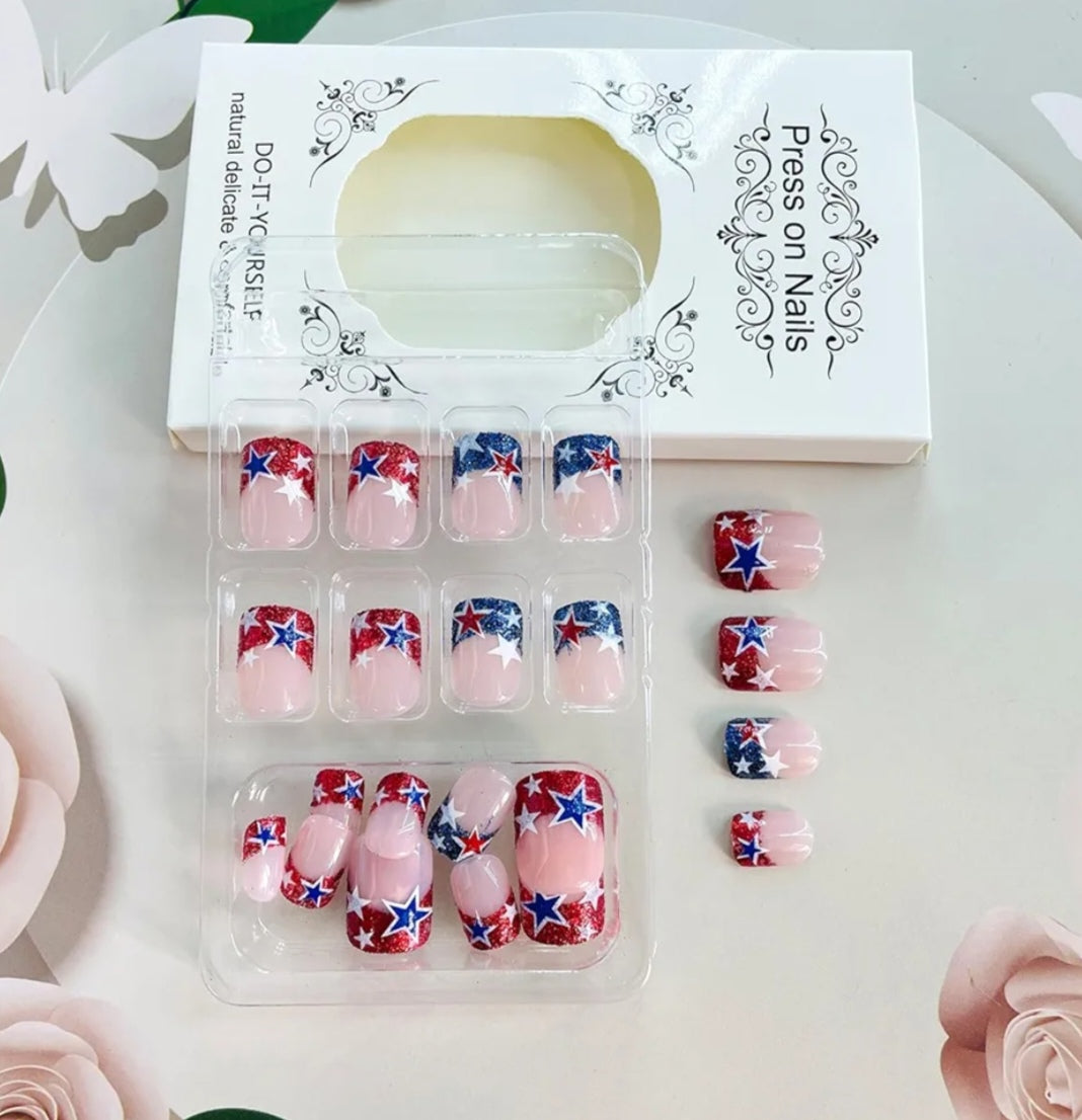 Chic French Glitter Patriotic Star Press-On Nails Fake Artificial Nails 24 Pcs-Free Shipping