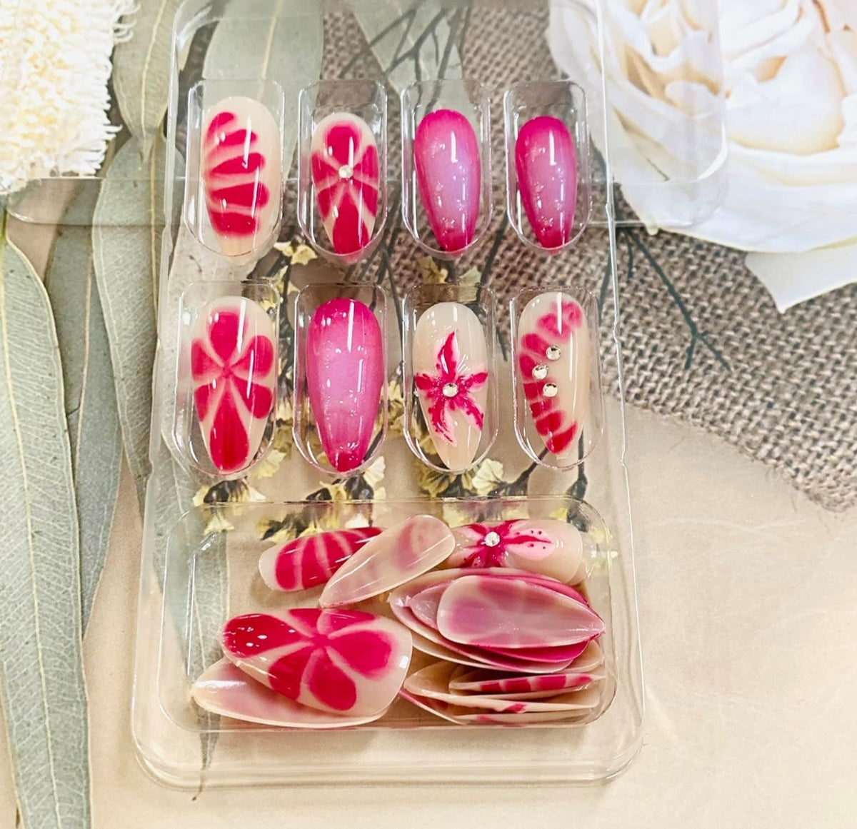 Elegant Pink 3D Floral Rhinestone Press-On Nails Fake Nails 24 Pcs - Free Shipping