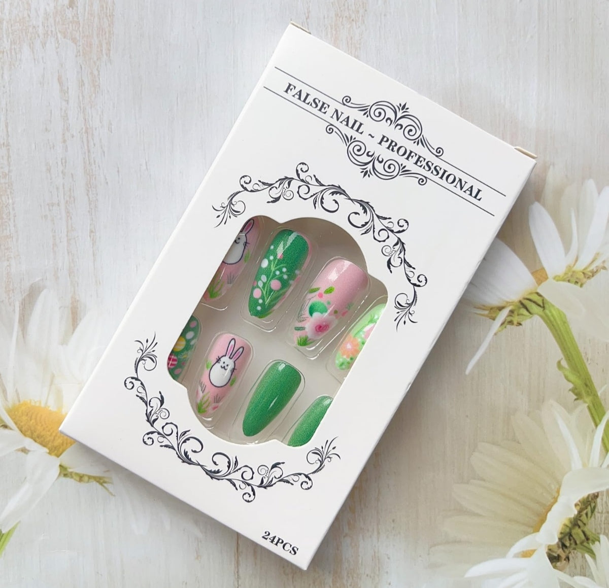 Cute Bunny Spring 3D Egg Art Floral Press-On Nails Fake Artificial Nails 24 Pcs-Free Shipping