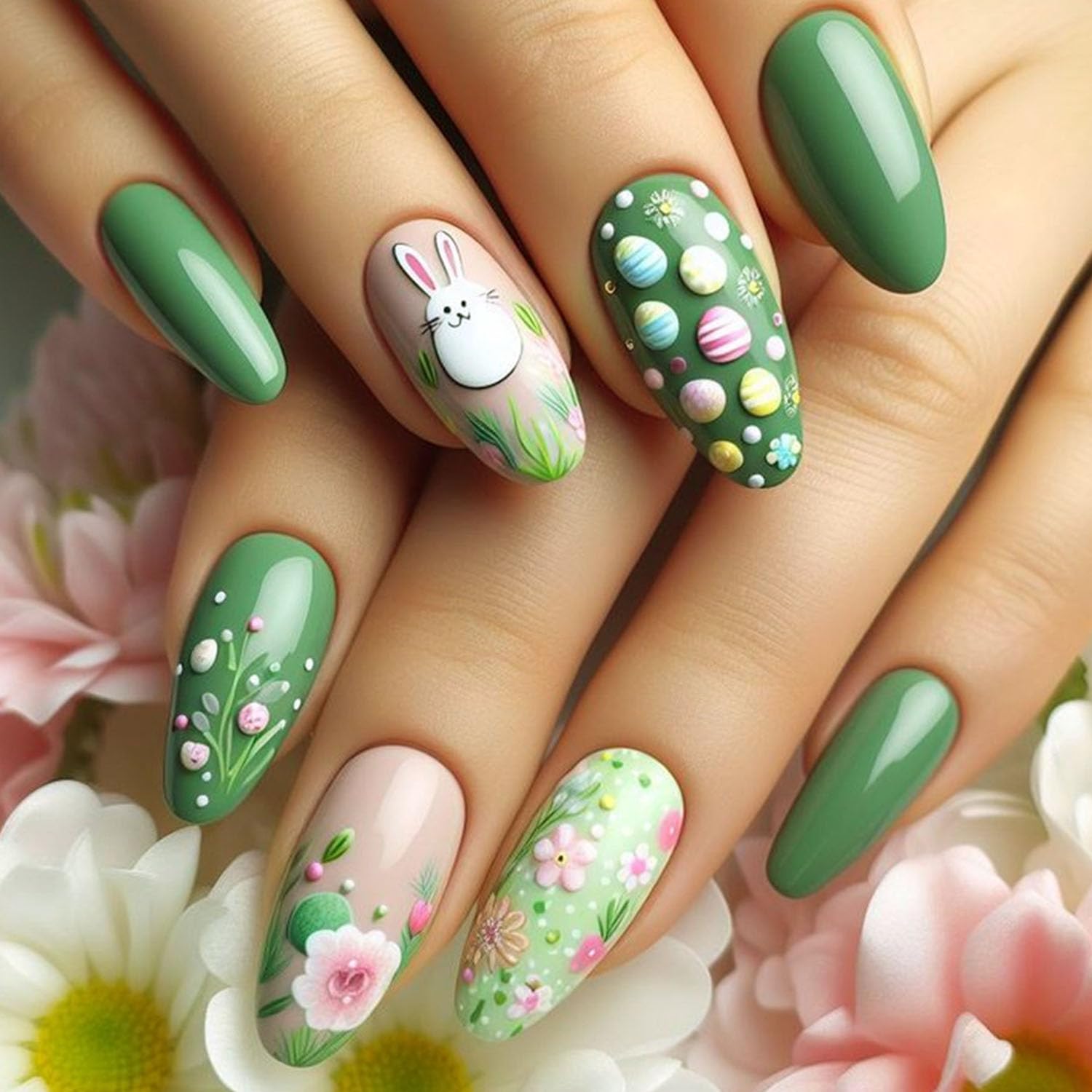 Cute Bunny Spring 3D Egg Art Floral Press-On Nails Fake Artificial Nails 24 Pcs-Free Shipping
