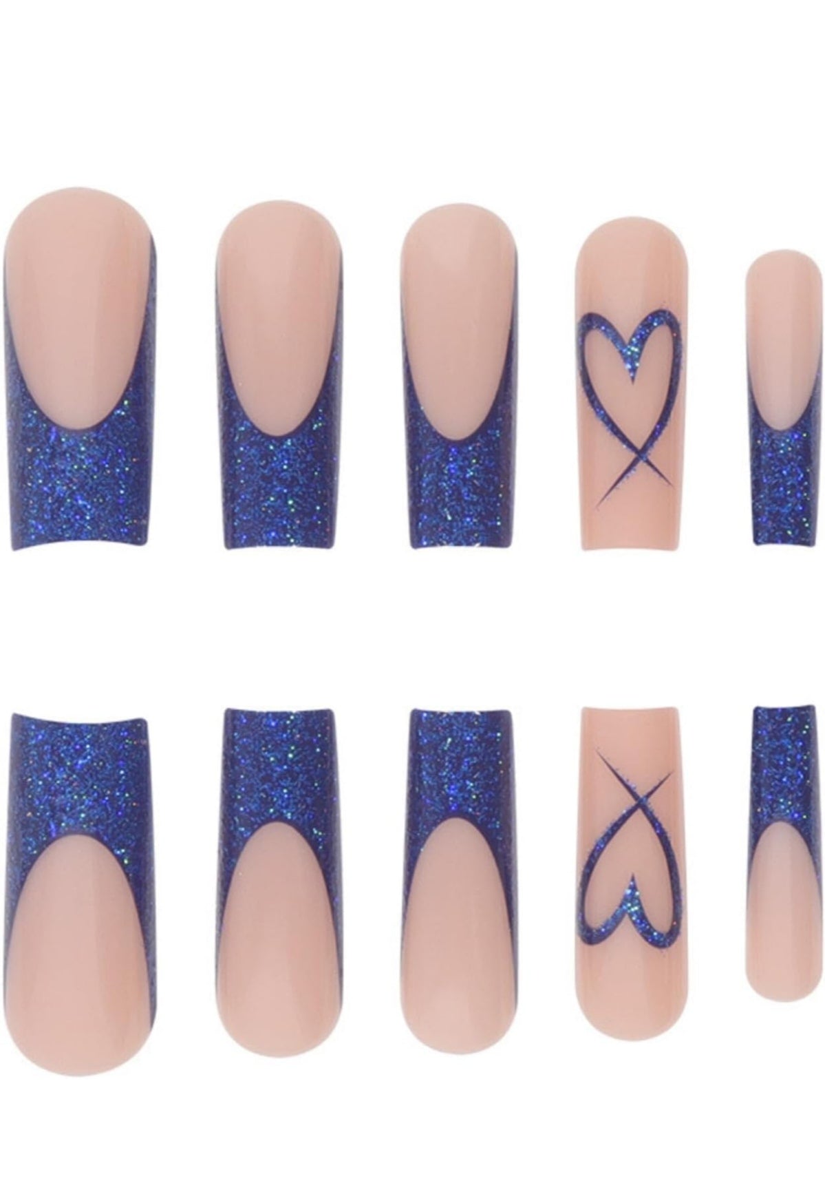 Blue Heart French Glitter Long Coffin Press-On Nails Acrylic False Nails-Free Shipping