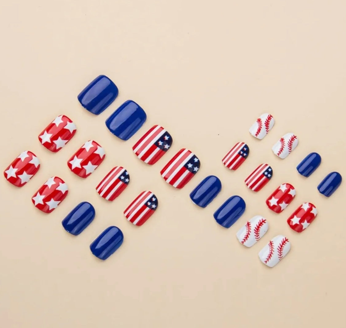 Stylish Patriotic Baseball American Flag Press-On Nails Fake Artificial Nails 24 Pcs-Free Shipping
