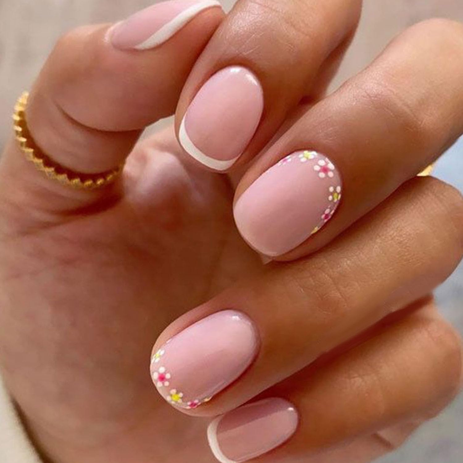 Chic Spring French Floral Short Press-On Nails Fake Artificial Nails 24 Pcs-Free Shipping